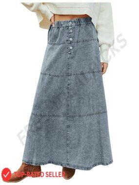 Casual Denim Maxi Skirt Elastic High Waist Tiered A-Line Long Jean Skirt Y2K